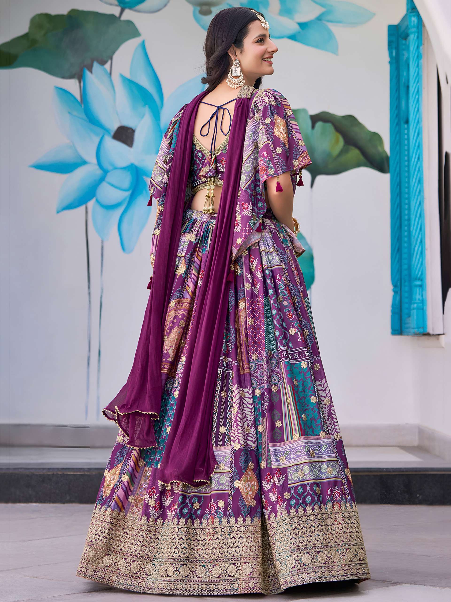 Purple Multicolor flower Printed Lehenga Choli in Chinnon Silk fabric supplier in surat 7050 Purple 